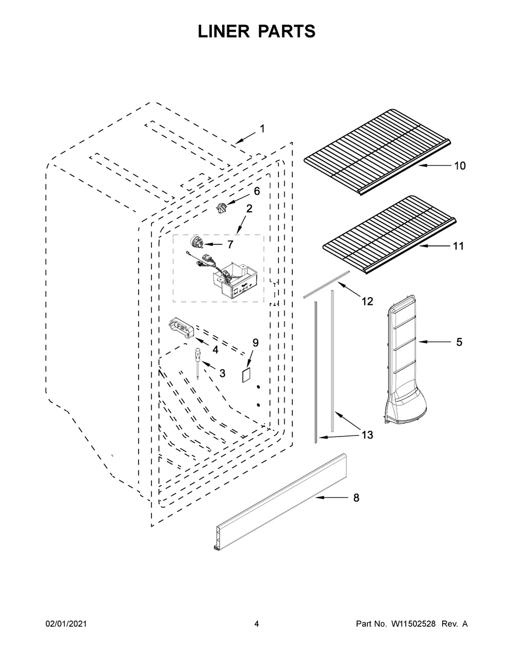 Liner Parts Diagram and Parts List for WZF57R16FW06  Whirlpool Freezer