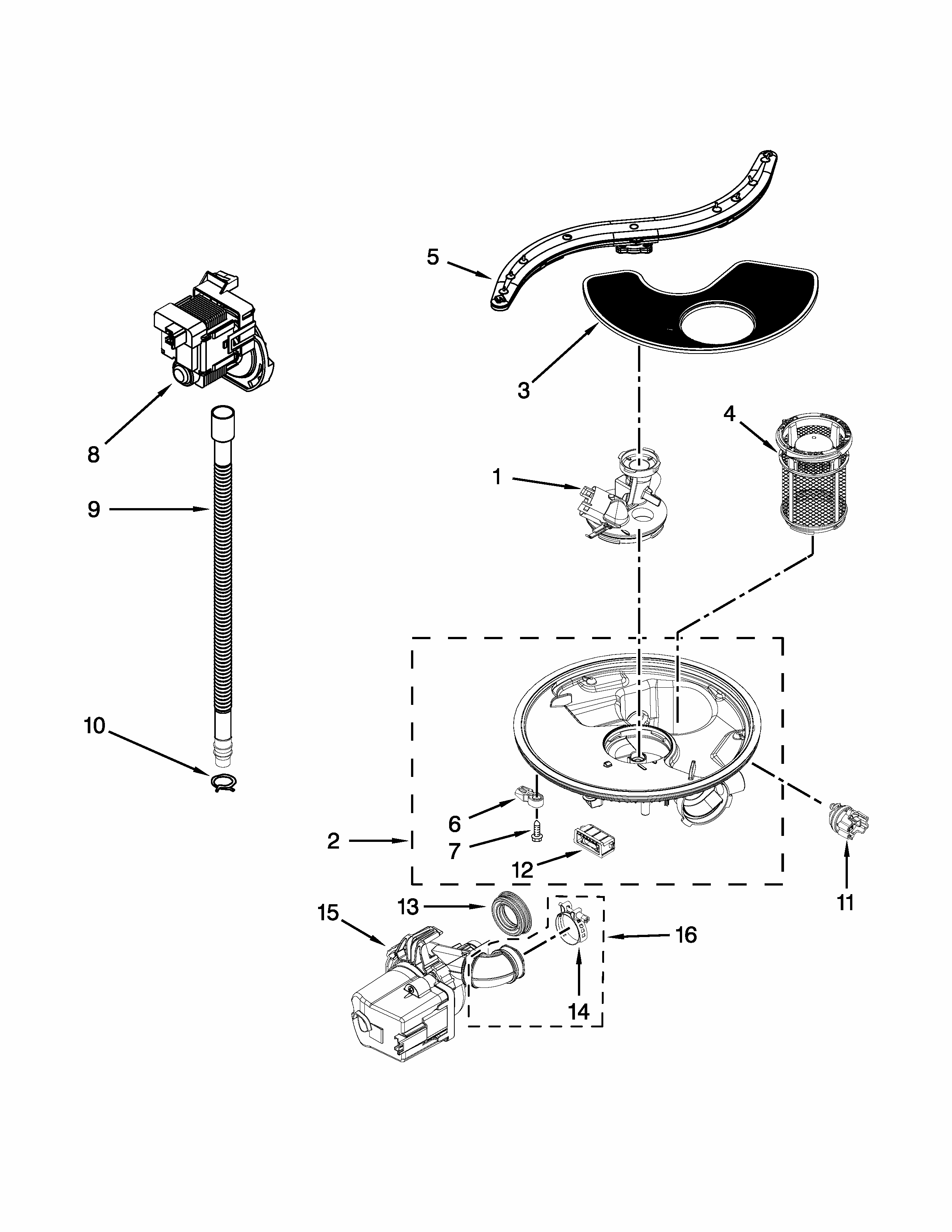 Pump, Washarm And Motor Parts Diagram and Parts List for 66513073K216  Kenmore Dishwasher
