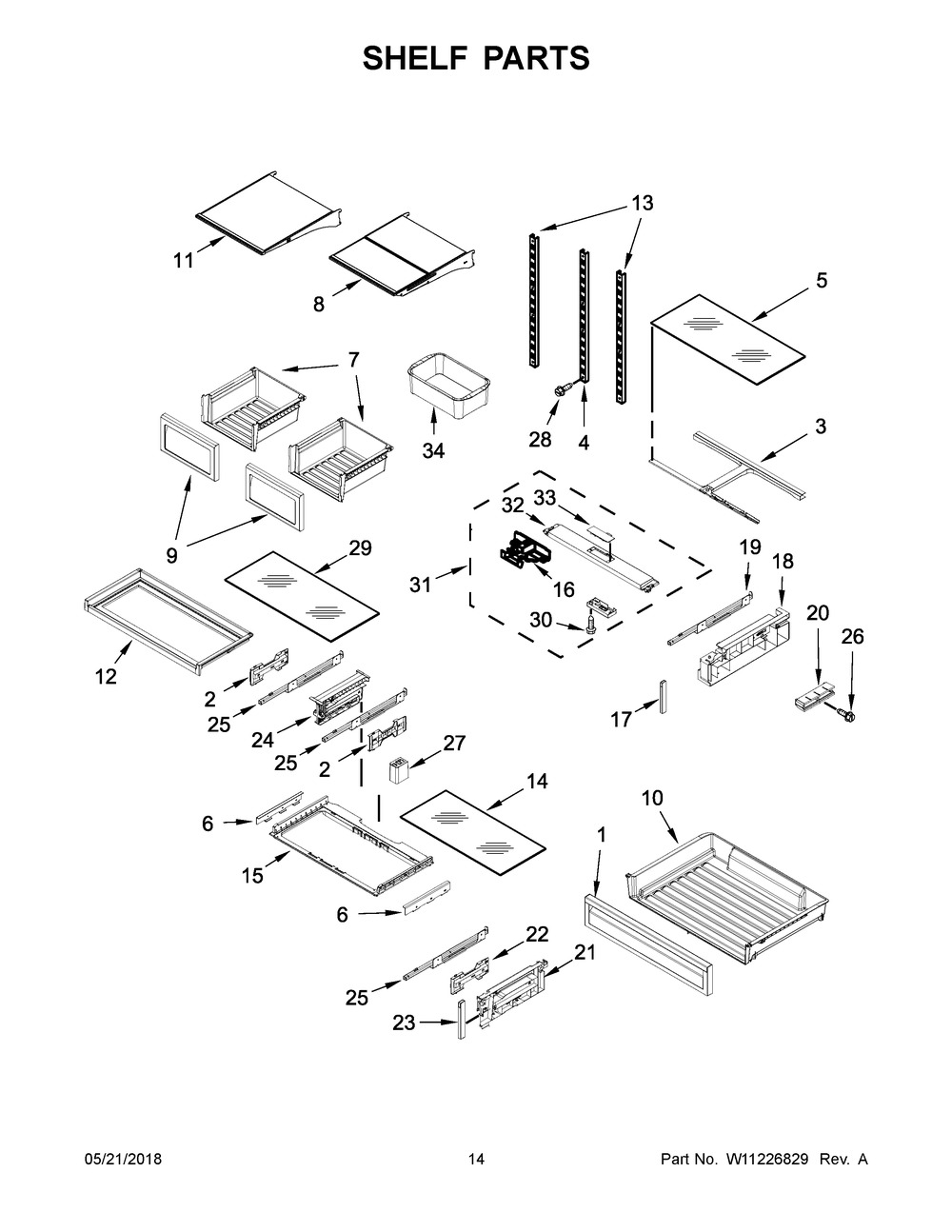 Shelf Parts Diagram and Parts List for KRFF507HWH00  Whirlpool Refrigerator