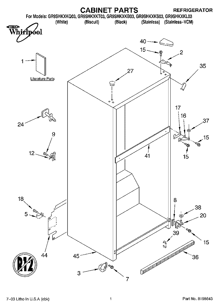 CABINET PARTS Diagram and Parts List for GR9SHKXKT03  Whirlpool Refrigerator