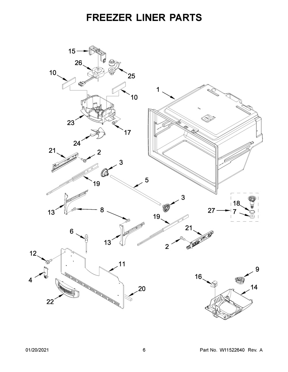 Freezer Liner Parts Diagram and Parts List for WRF550CDHZ04  Whirlpool Refrigerator