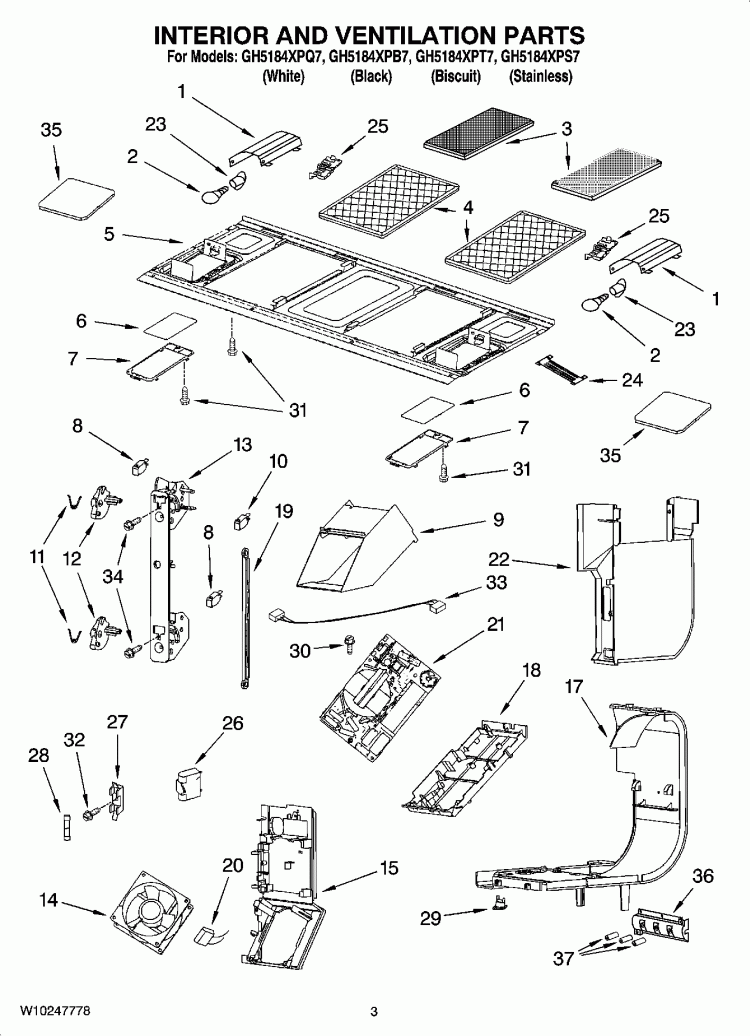 INTERIOR AND VENTILATION PARTS Diagram and Parts List for GH5184XPQ7  Whirlpool Microwave