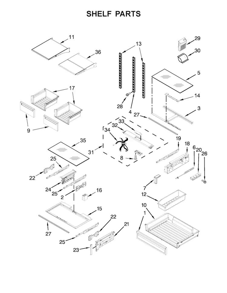 Shelf Parts Diagram and Parts List for KFIS29BBMS03  KitchenAid Refrigerator
