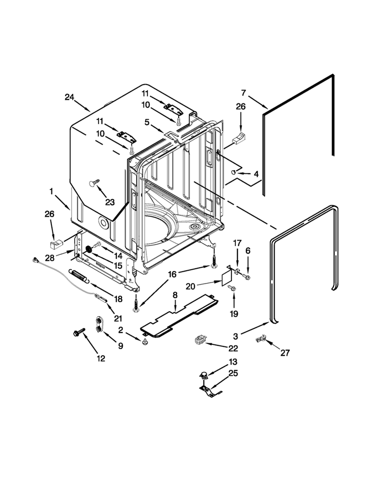 Tub And Frame Parts Diagram and Parts List for BLB14DRANA1  Whirlpool Dishwasher