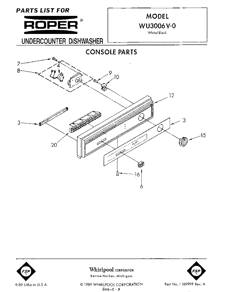 CONSOLE Diagram and Parts List for WU3006V0  Roper Dishwasher