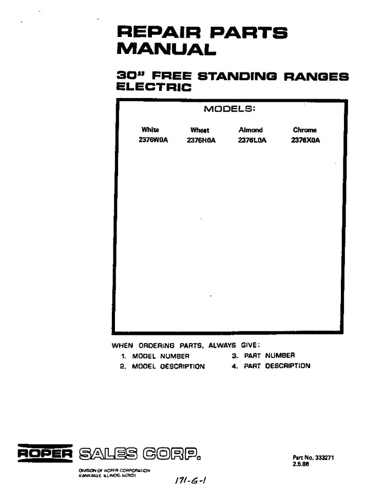 Cover Page Diagram and Parts List for 2376*0A  Roper Range