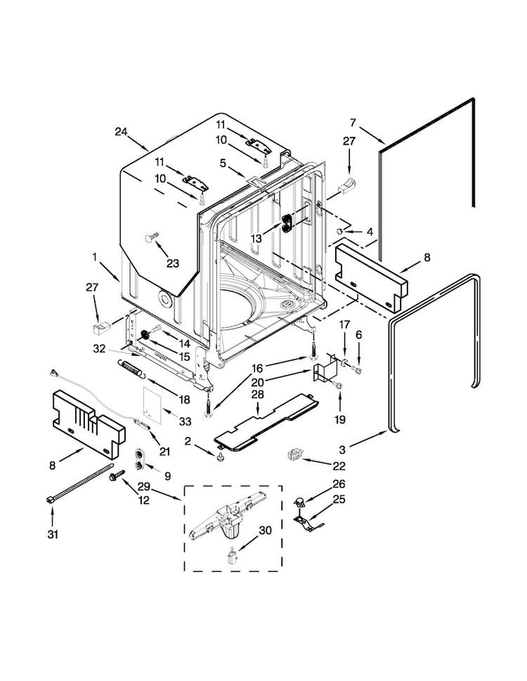 Tub And Frame Parts Diagram and Parts List for KUDS30FXWHA  KitchenAid Dishwasher