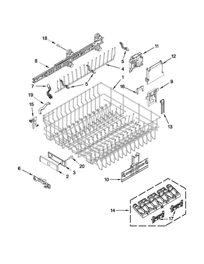 Upper Rack And Track Parts Diagram and Parts List for 66512782K310  Kenmore Dishwasher