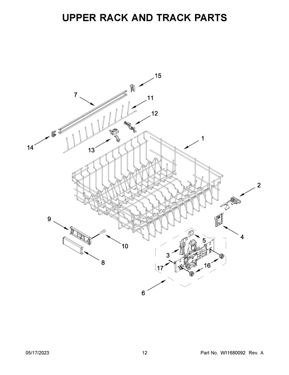 Upper Rack And Track Parts Diagram and Parts List for KDTM404KBS2  KitchenAid Dishwasher
