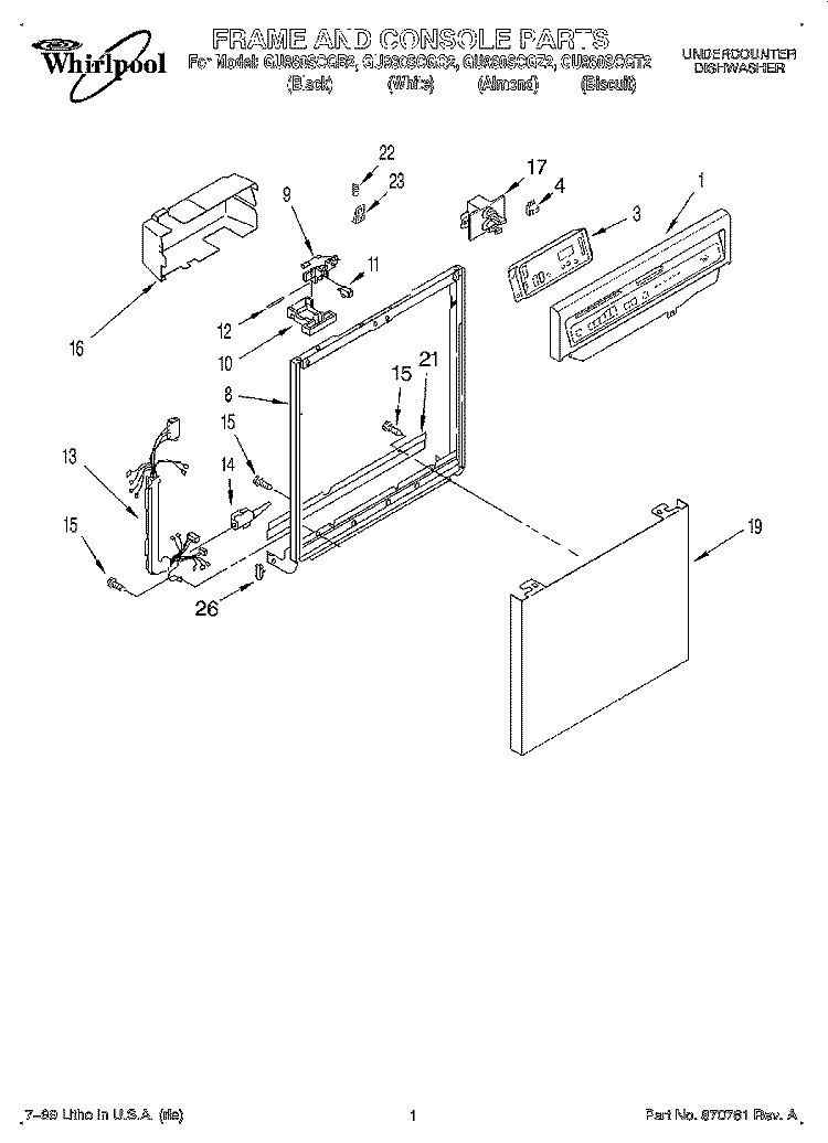 FRAME AND CONSOLE Diagram and Parts List for GU980SCGZ2  Whirlpool Dishwasher
