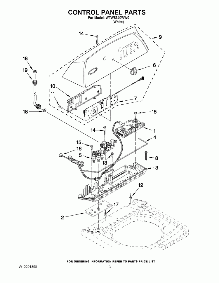 CONTROL PANEL PARTS Diagram and Parts List for WTW6340WW0  Whirlpool Washer