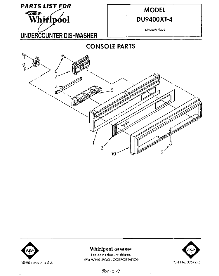 CONSOLE Diagram and Parts List for DU9400XT4  Whirlpool Dishwasher