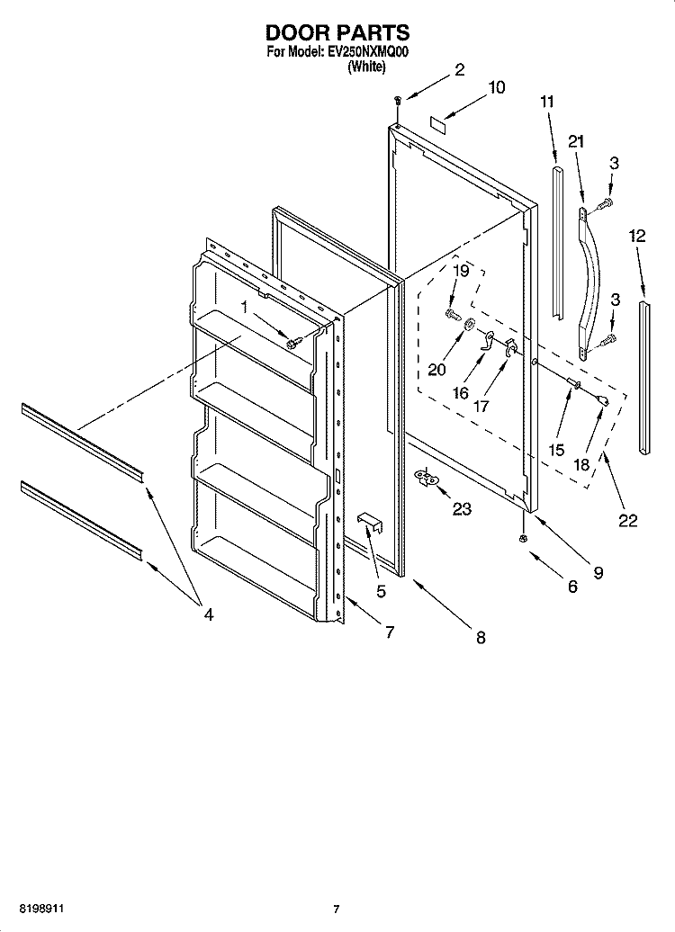 DOOR PARTS, OPTIONAL PARTS (NOT INCLUDED) Diagram and Parts List for EV250NXMQ00  Whirlpool Freezer