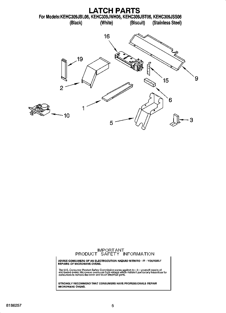 LATCH PARTS Diagram and Parts List for KEHC309JBL06  KitchenAid Microwave Oven Combo