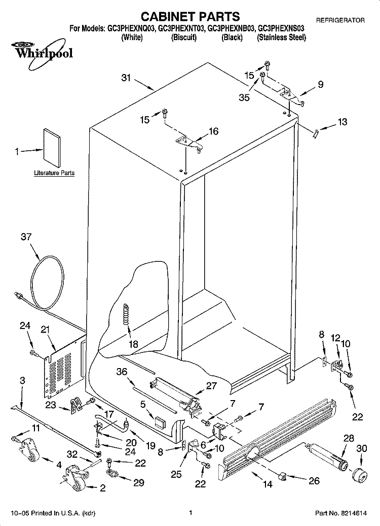 CABINET PARTS Diagram and Parts List for GC3PHEXNB03  Whirlpool Refrigerator