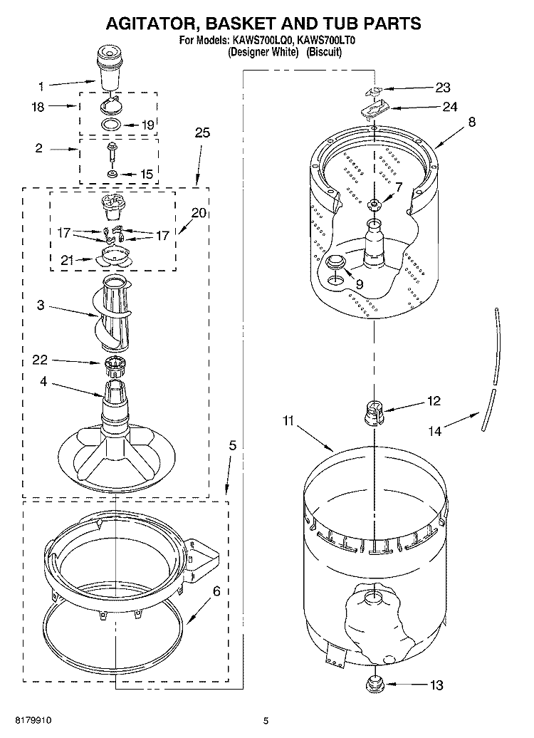AGITATOR, BASKET AND TUB Diagram and Parts List for KAWS700LQ0  KitchenAid Washer