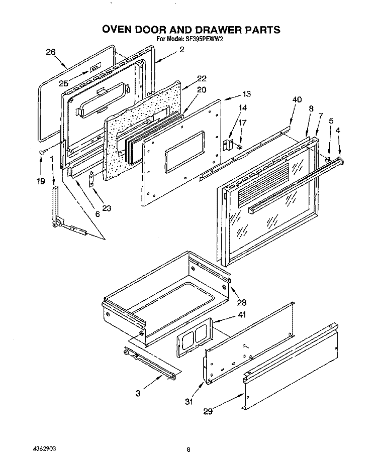 OVEN DOOR AND DRAWER Diagram and Parts List for SF395PEWN2  Whirlpool Range