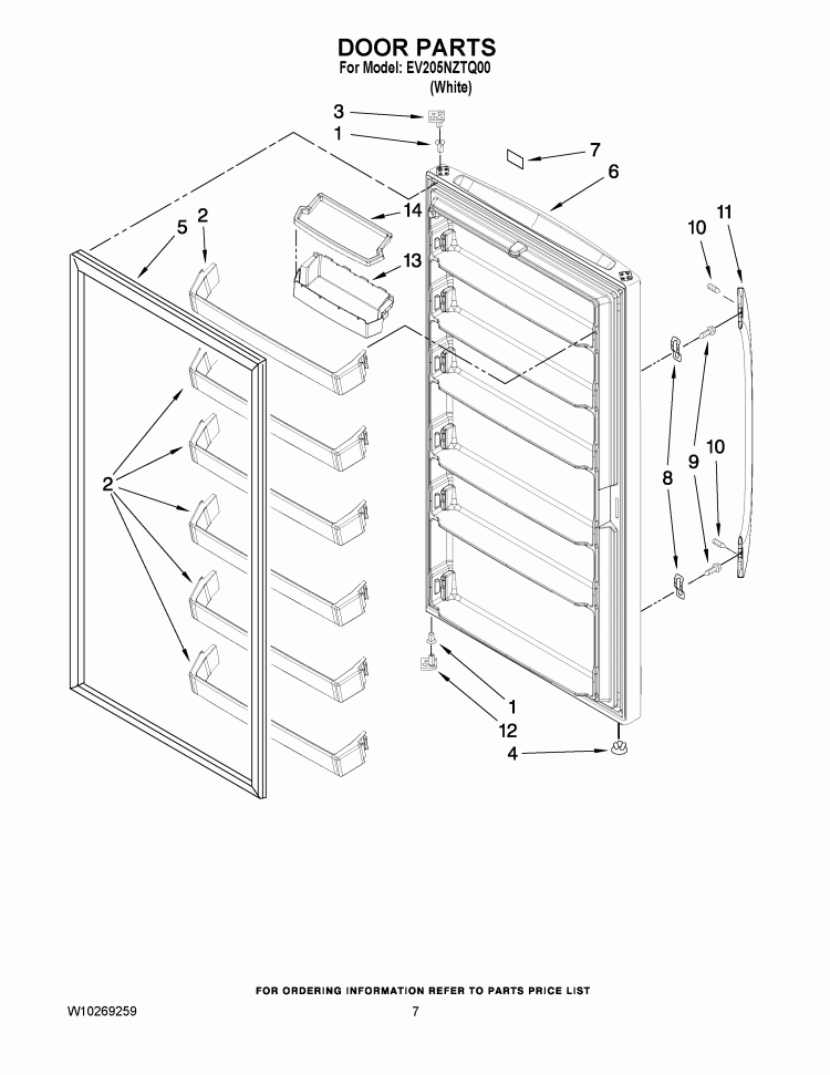 DOOR PARTS Diagram and Parts List for EV205NZTQ00  Whirlpool Freezer