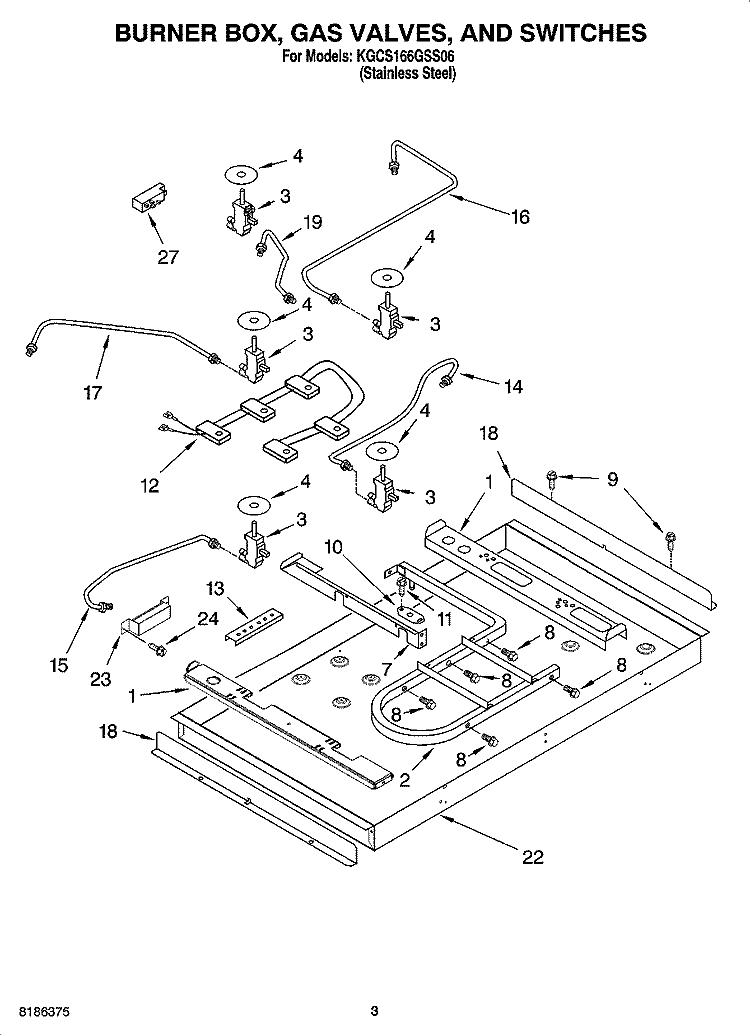 BURNER BOX, GAS VALVES, AND SWITCHES, PARTS NOT ILLUSTRATED Diagram and Parts List for KGCS166GSS06  KitchenAid Cooktop