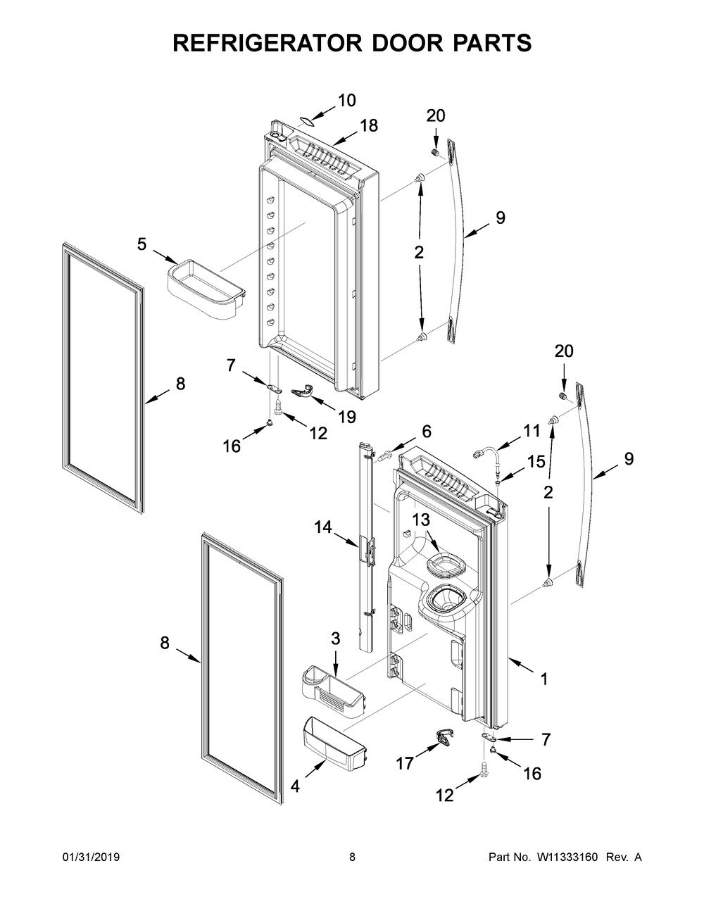 Refrigerator Door Parts Diagram and Parts List for WRF555SDFZ09  Whirlpool Refrigerator