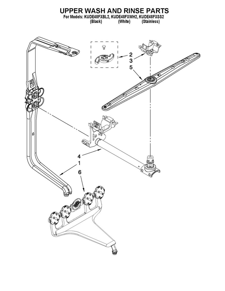 Upper Wash And Rinse Parts Diagram and Parts List for KUDE48FXBL2  KitchenAid Dishwasher