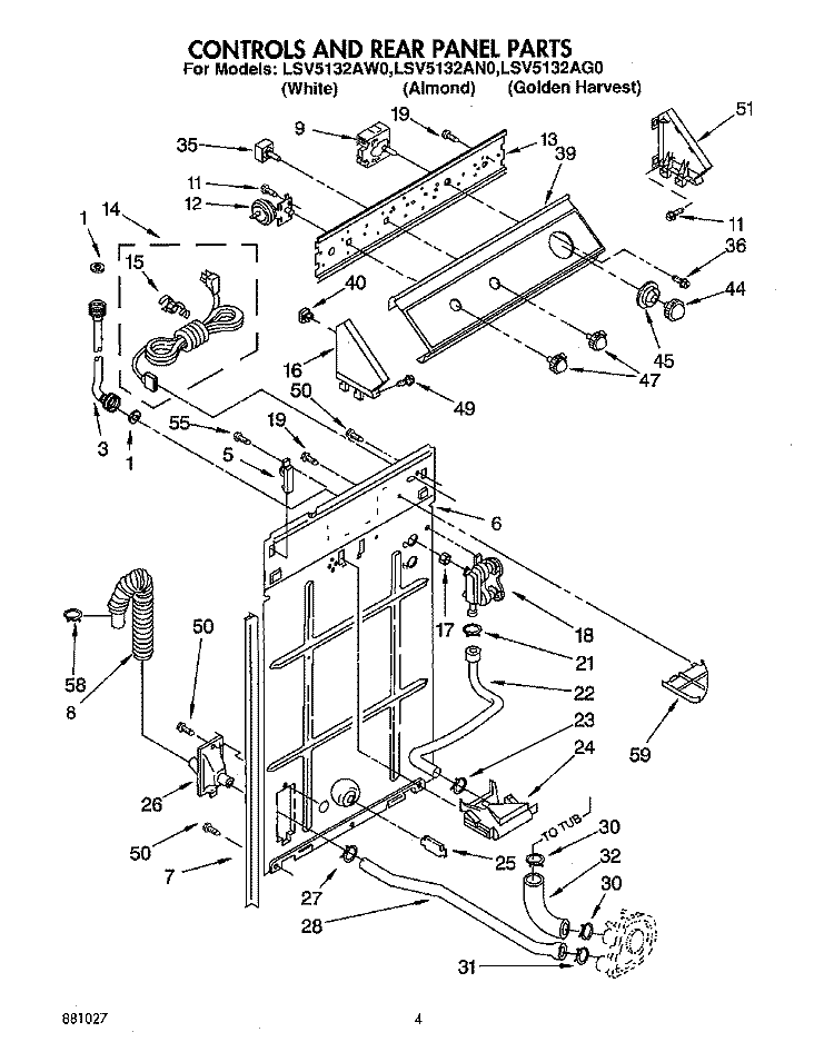 CONTROLS AND REAR PANEL Diagram and Parts List for LSV5132AN0  Whirlpool Washer