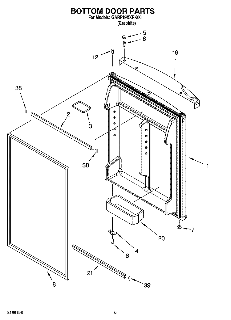 BOTTOM DOOR PARTS Diagram and Parts List for GARF19XXPK00  Whirlpool Refrigerator