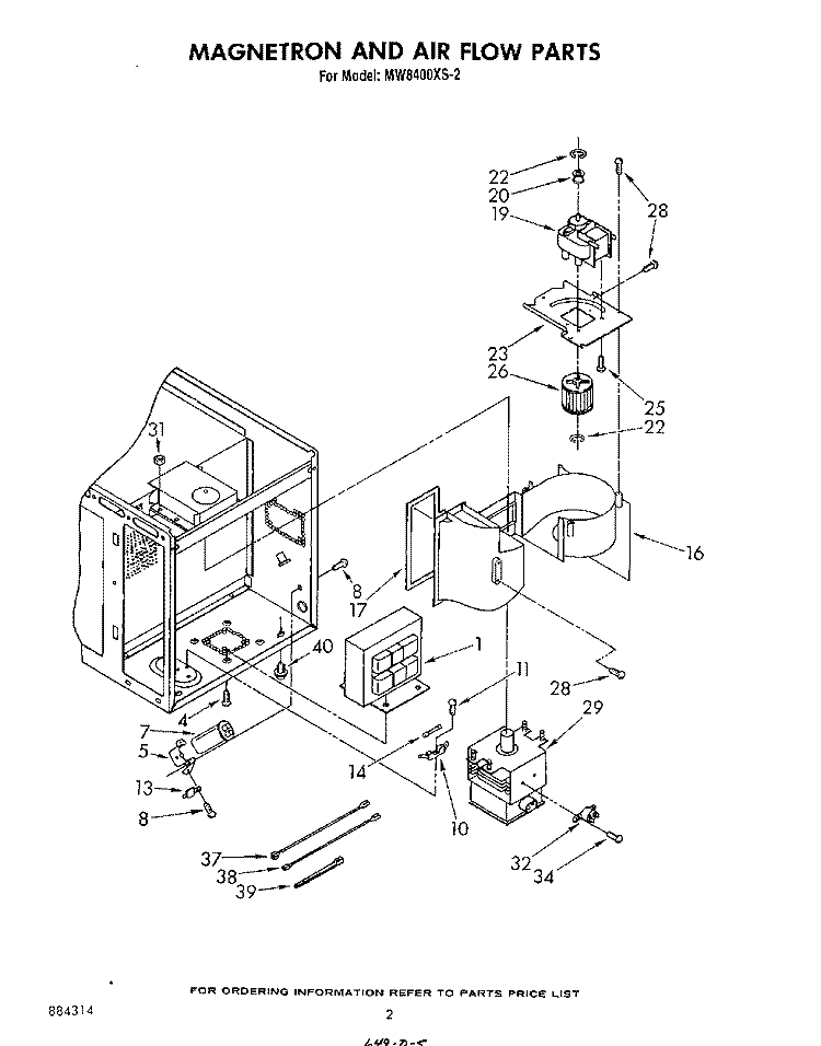 MAGNETRON AND AIRFLOW Diagram and Parts List for MW8400XS2  Whirlpool Microwave