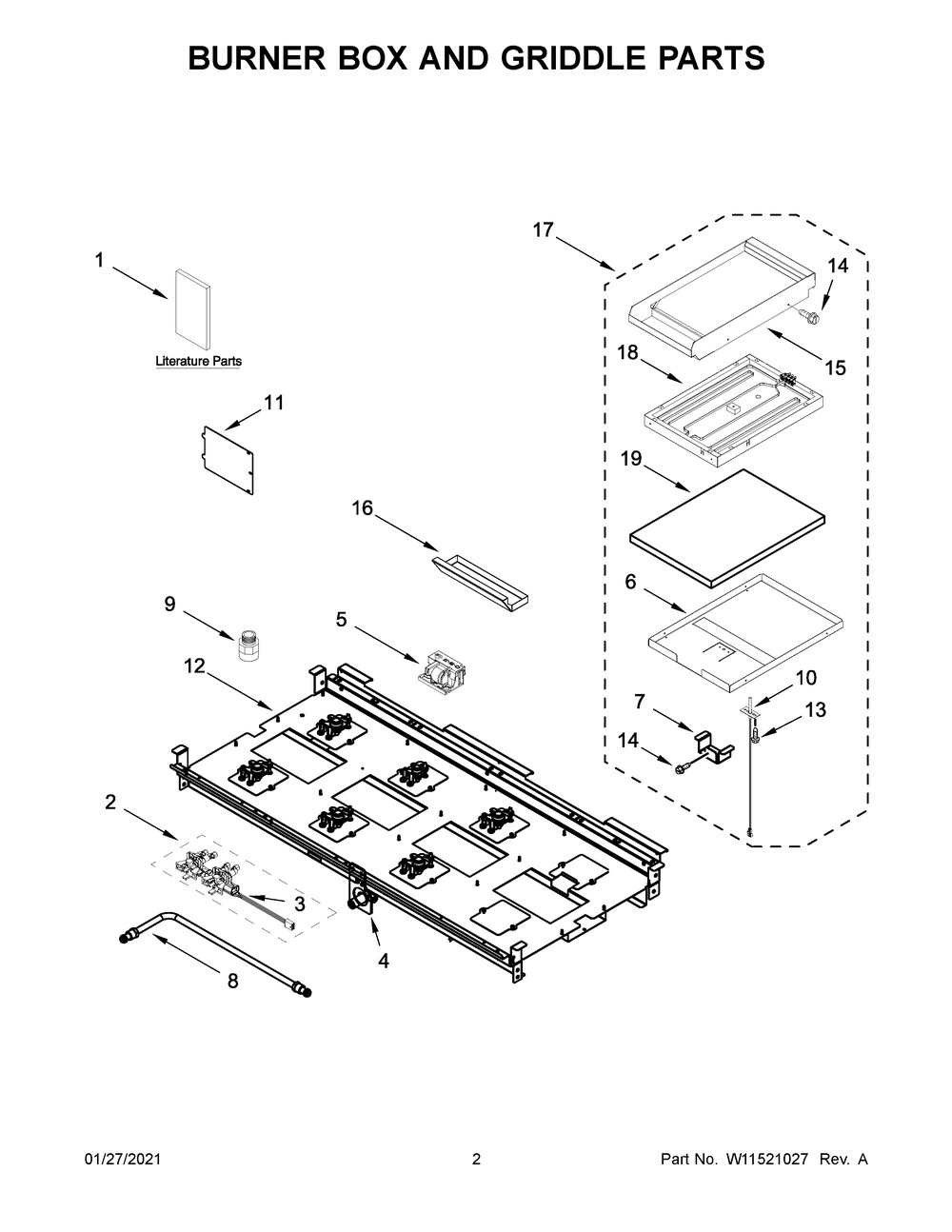 Burner Box And Griddle Parts Diagram and Parts List for JDSP548HL01  Whirlpool Range