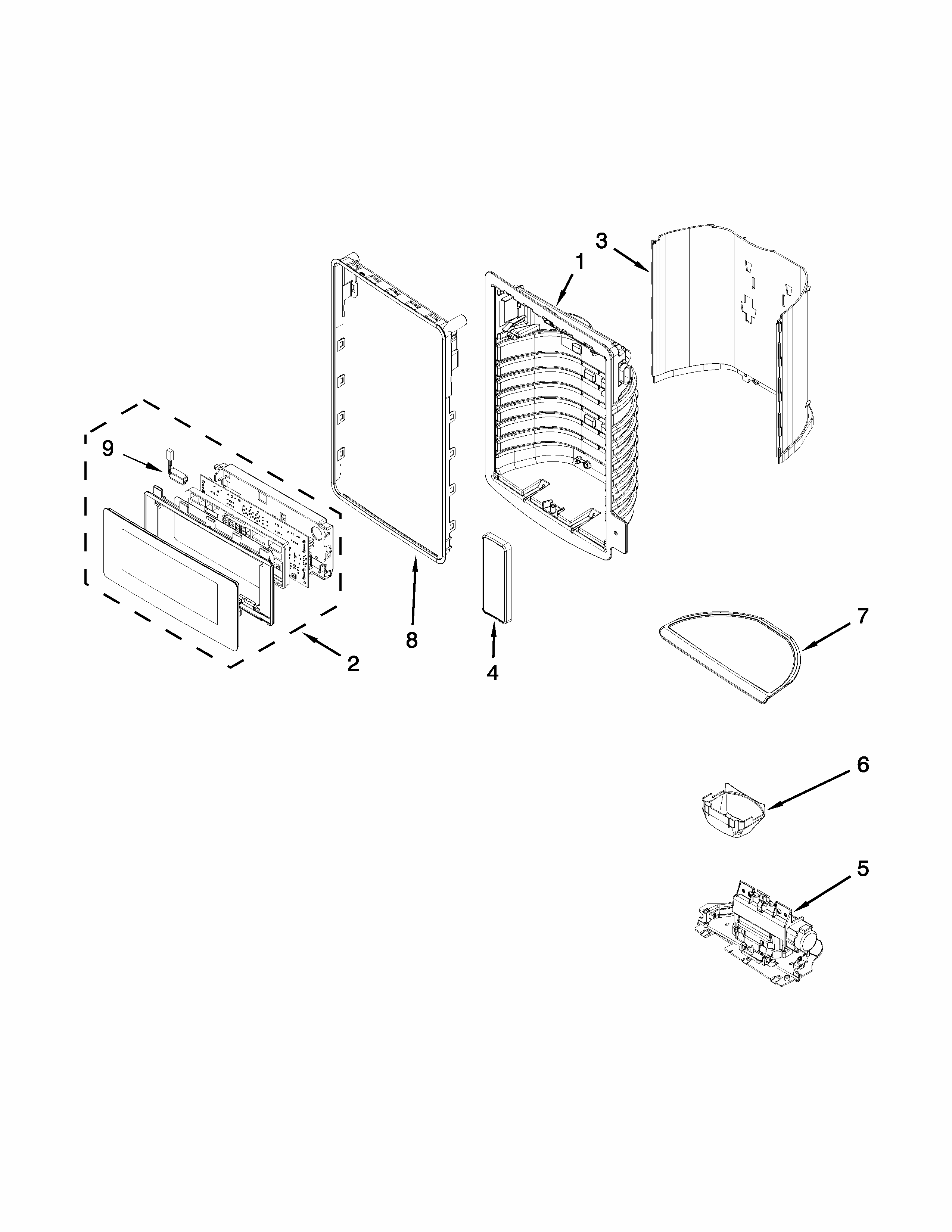 Dispenser Front Parts Diagram and Parts List for 59672382410  Kenmore Refrigerator