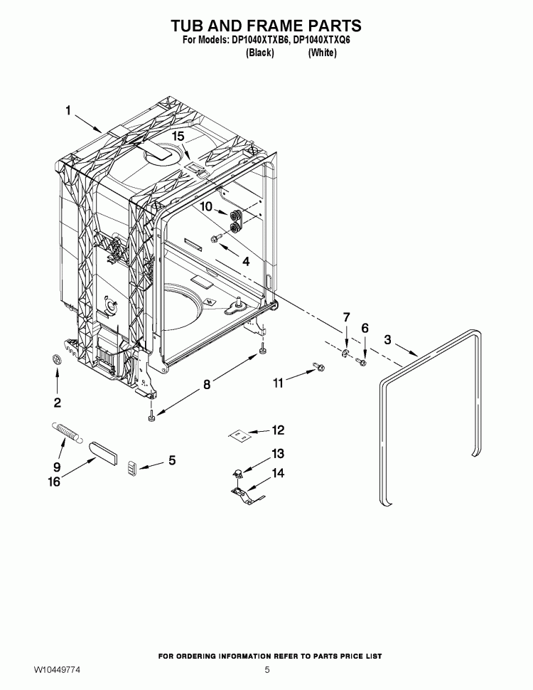 TUB AND FRAME PARTS Diagram and Parts List for DP1040XTXQ6  Whirlpool Dishwasher