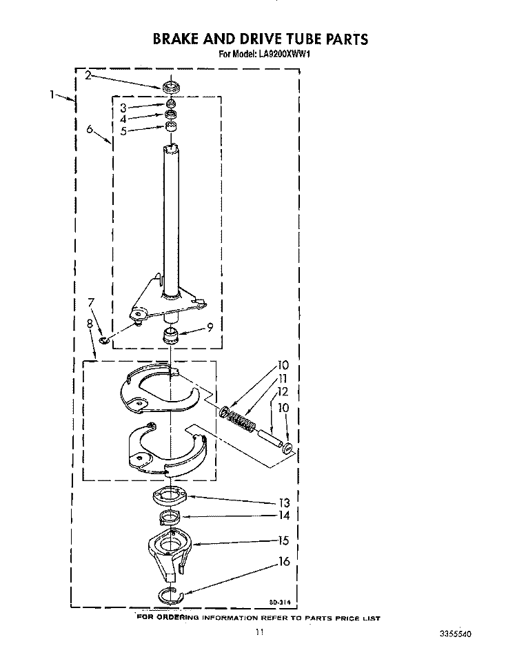 BRAKE AND DRIVE TUBE Diagram and Parts List for LA9200XWF1  Whirlpool Washer
