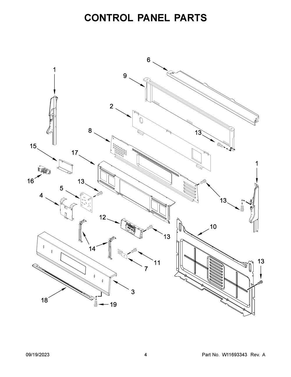 Control Panel Parts Diagram and Parts List for WFG550S0LV5  Whirlpool Range