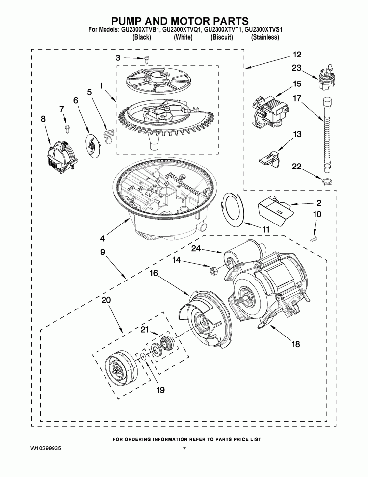 PUMP AND MOTOR PARTS Diagram and Parts List for GU2300XTVB1  Whirlpool Dishwasher