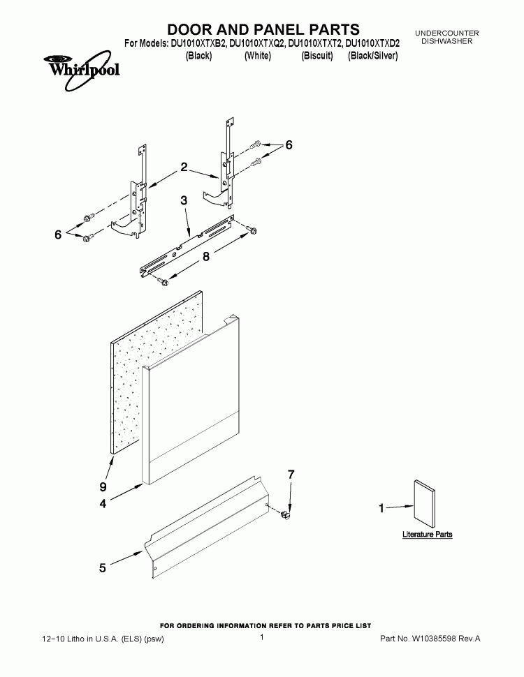 DOOR AND PANEL PARTS Diagram and Parts List for DU1010XTXT2  Whirlpool Dishwasher