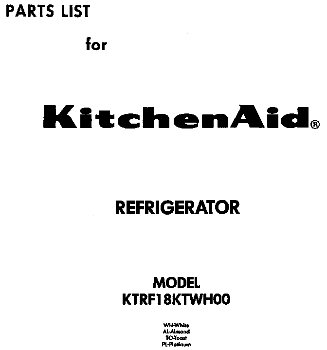 Front Cover Diagram and Parts List for KTRF18KTO00  KitchenAid Refrigerator