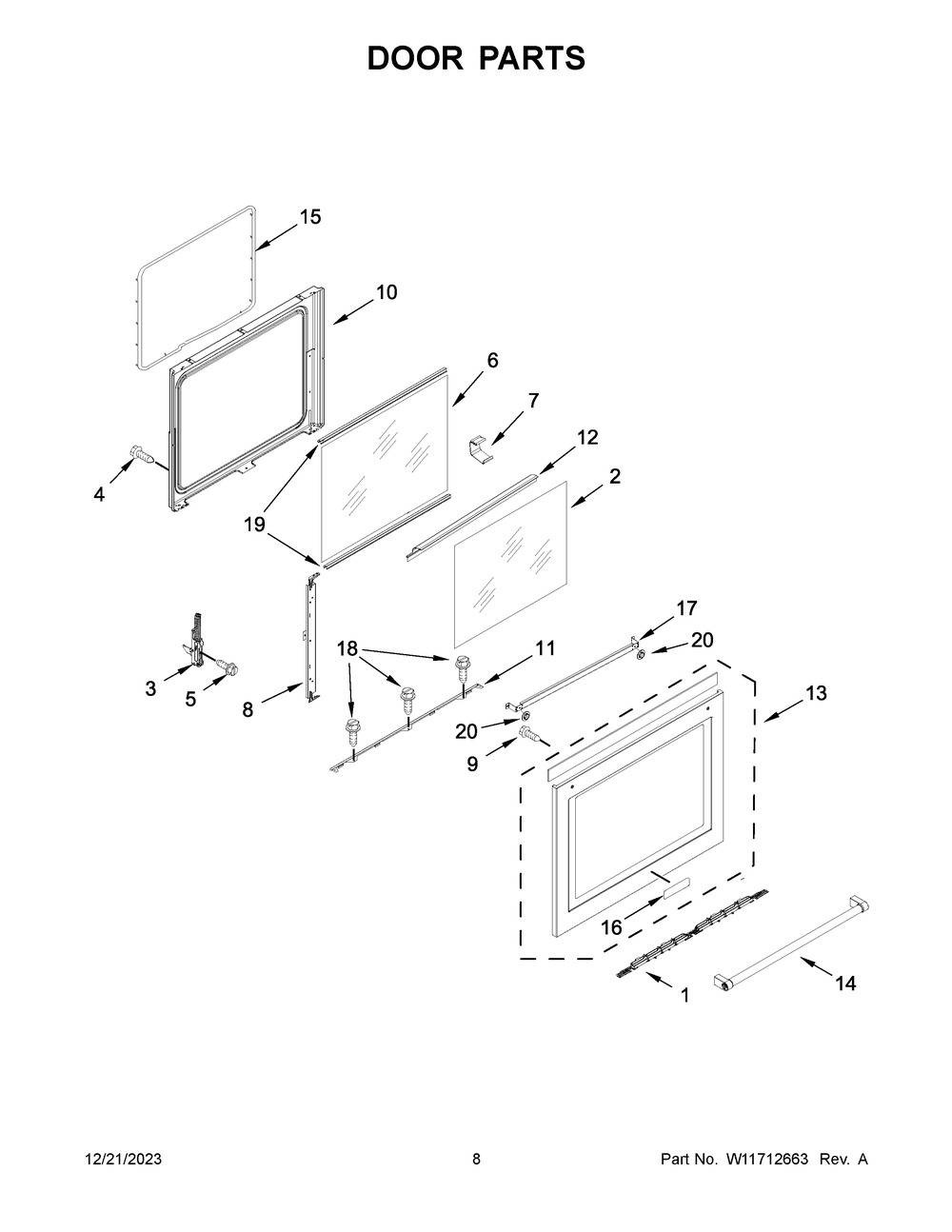 Door Parts Diagram and Parts List for KFEG500EBS7  KitchenAid Range