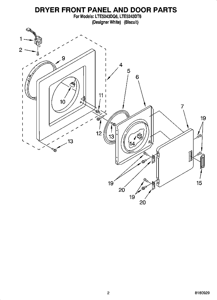 DRYER FRONT PANEL AND DOOR PARTS Diagram and Parts List for LTE5243DQ6  Whirlpool Washer Dryer Combo