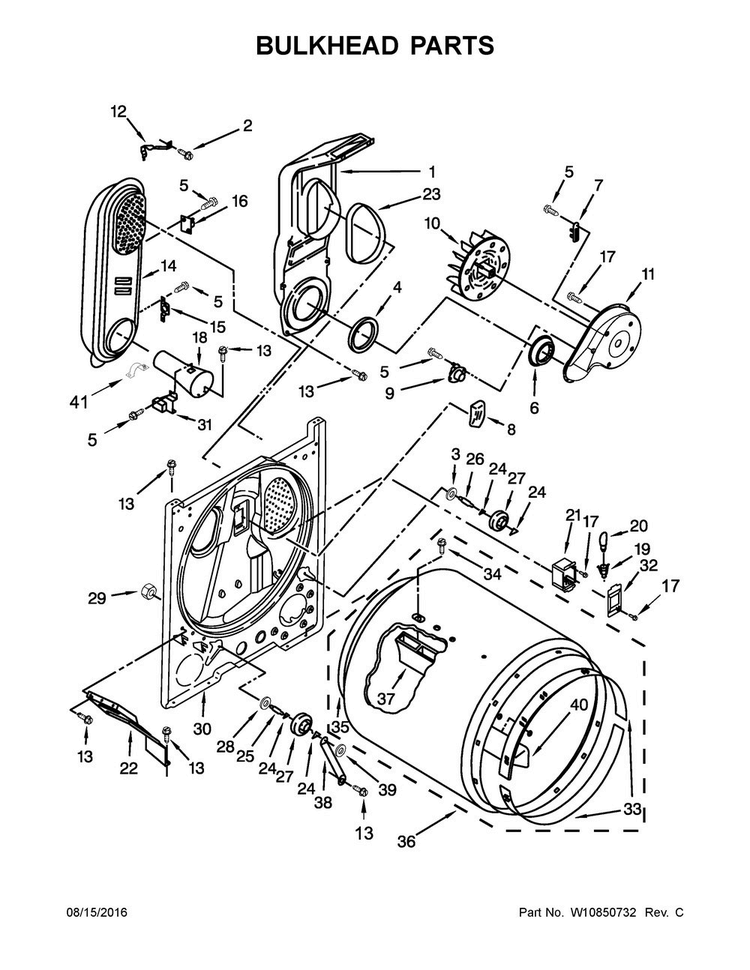 Bulkhead Parts Diagram and Parts List for WGD4915EW1  Whirlpool Dryer