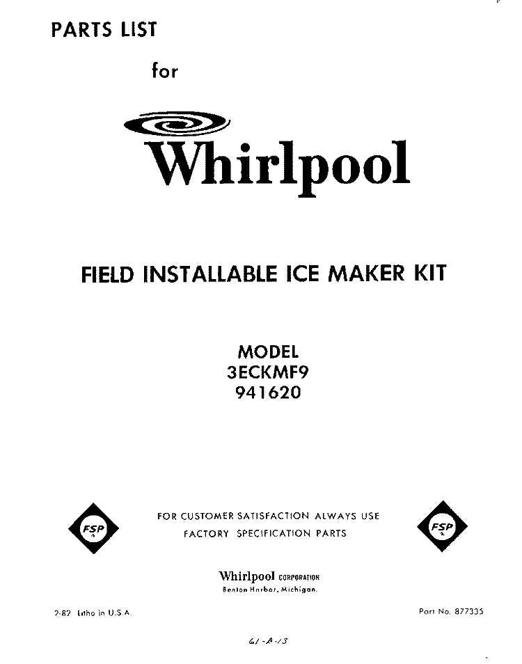 SECTION Diagram and Parts List for 3ECKMF9  Whirlpool Ice Maker