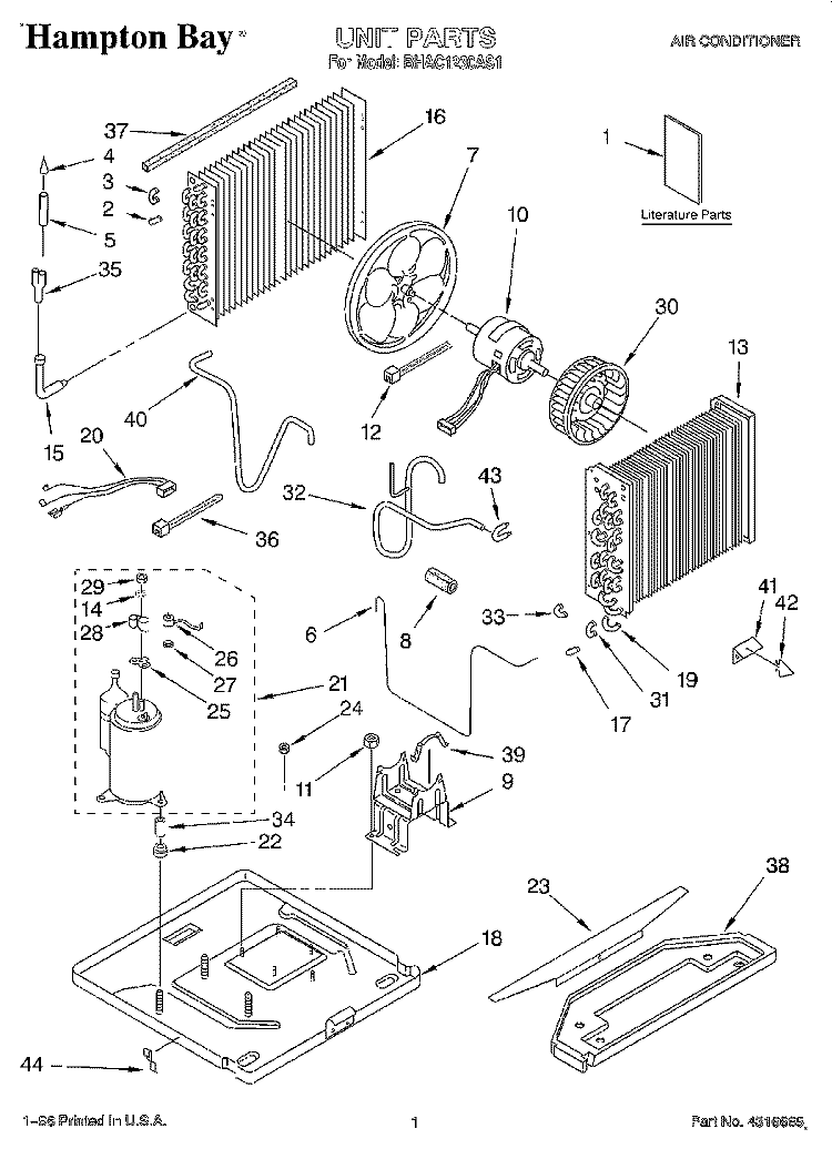 UNIT, LITERATURE Diagram and Parts List for BHAC1230AS1  Whirlpool Air Conditioner