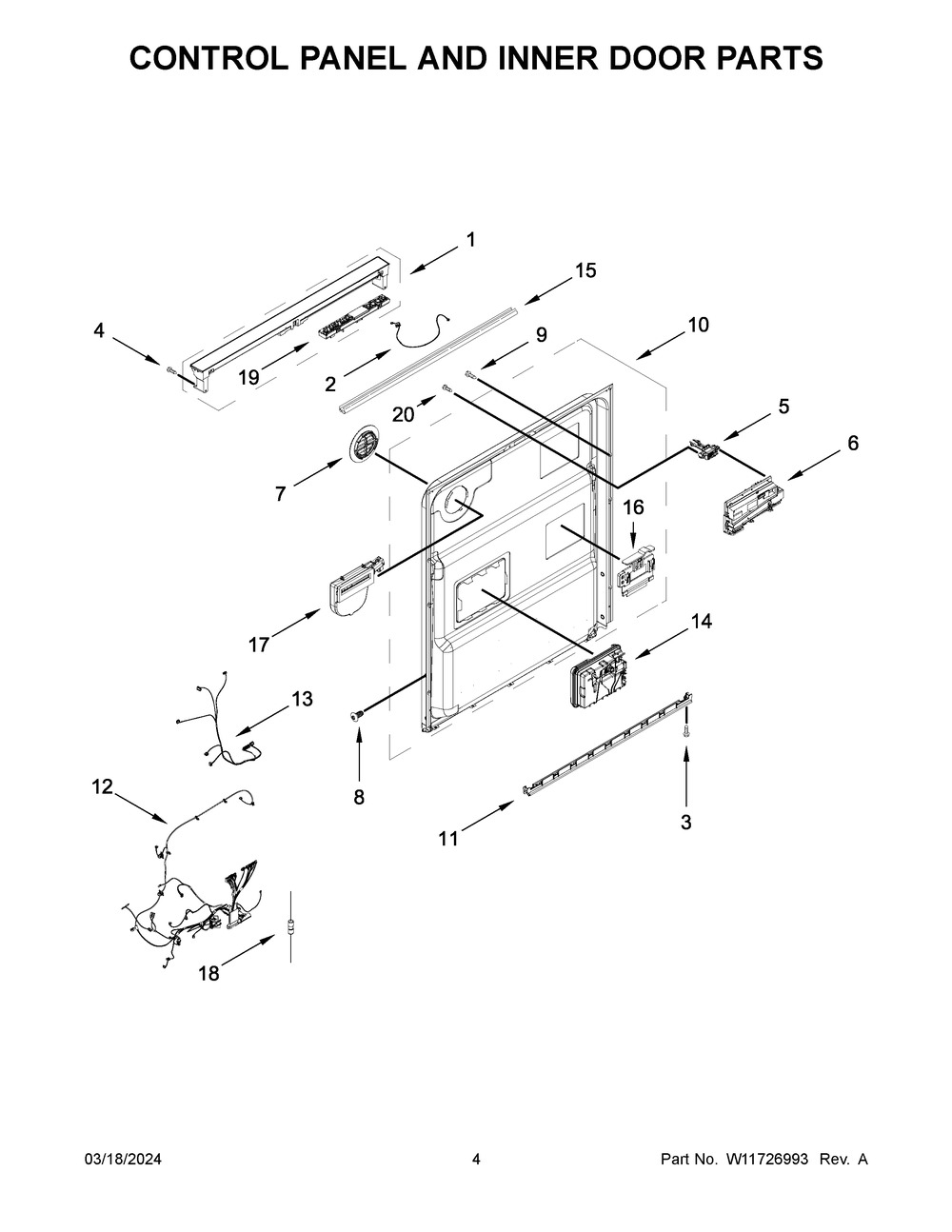 Control Panel And Inner Door Parts Diagram and Parts List for WDT740SALB3  Whirlpool Dishwasher