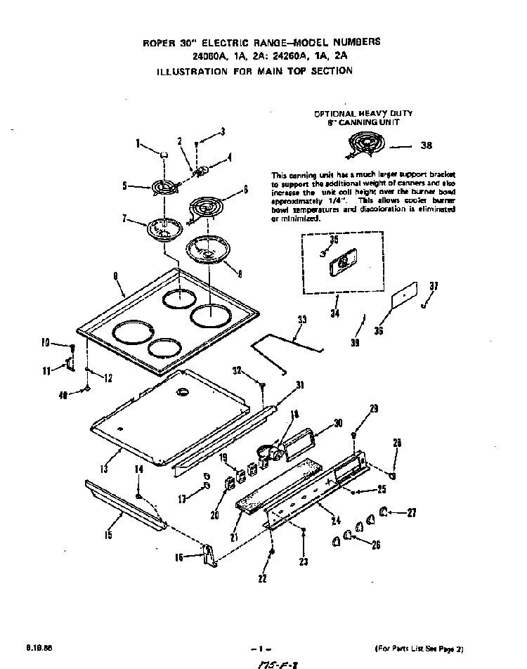 Main Top Diagram and Parts List for 2426*2A  Roper Range