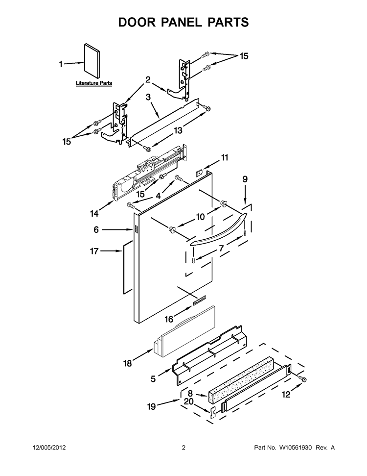 DOOR PANEL PARTS Diagram and Parts List for KUDE60FXWH5  KitchenAid Dishwasher