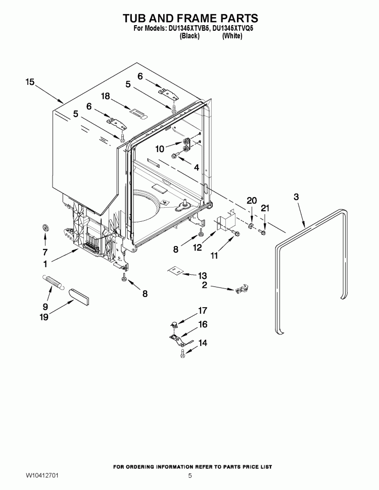 TUB AND FRAME PARTS Diagram and Parts List for DU1345XTVB5  Whirlpool Dishwasher