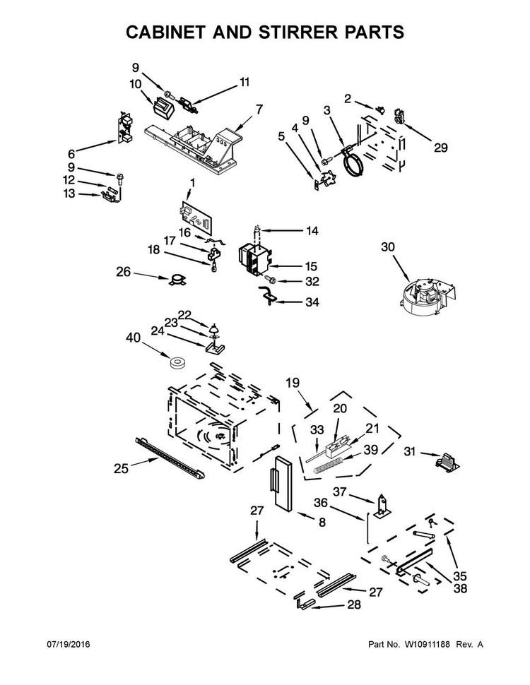 Cabinet And Stirrer Parts Diagram and Parts List for KOCE507EBS02  KitchenAid Microwave