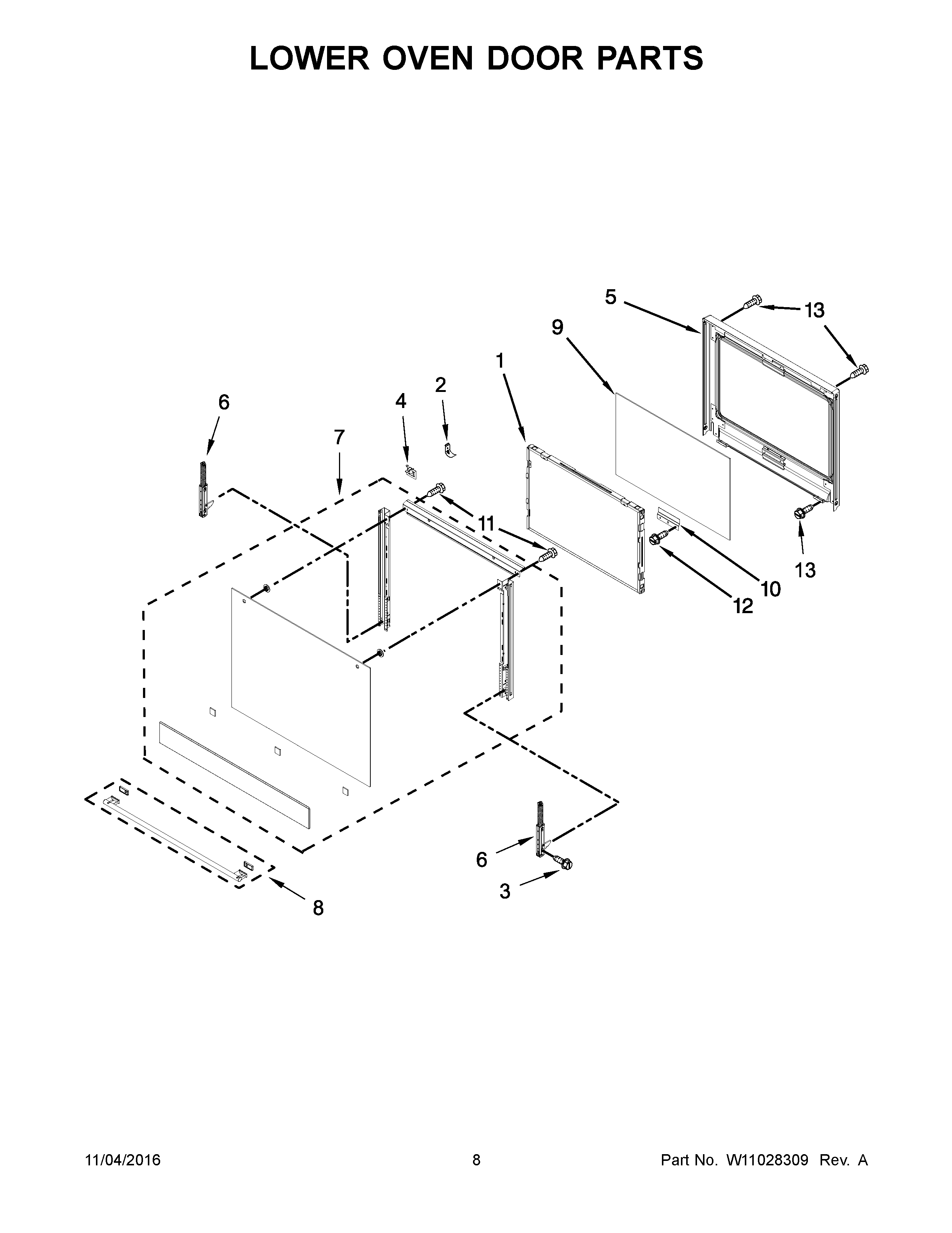 Lower Oven Door Parts Diagram and Parts List for IBD350DS03  Whirlpool Wall Oven