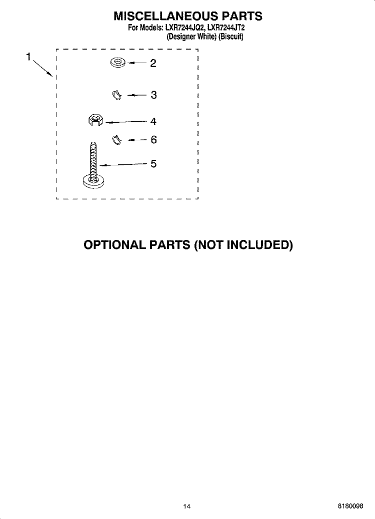 MISCELLANEOUS PARTS - OPTIONAL PARTS (NOT INCLUDED) Diagram and Parts List for LXR7244JQ2  Whirlpool Washer