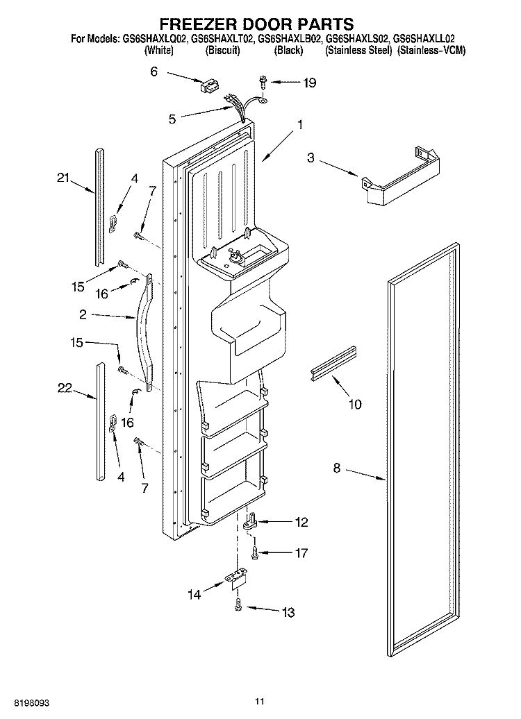 FREEZER DOOR Diagram and Parts List for GS6SHAXLT02  Whirlpool Refrigerator