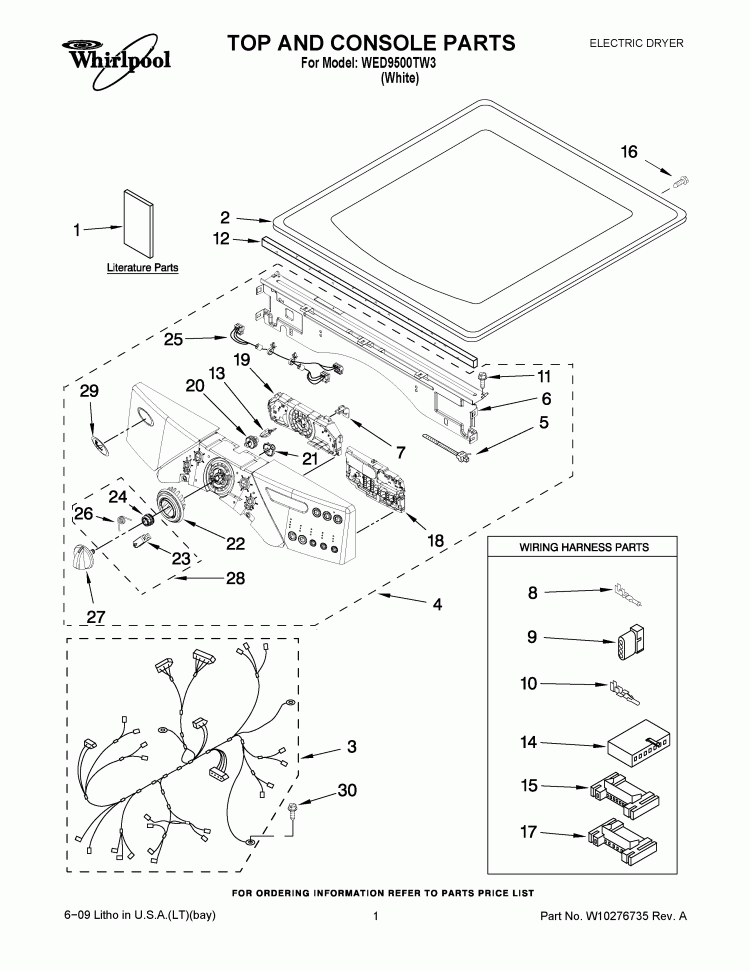 TOP AND CONSOLE PARTS Diagram and Parts List for WED9500TW3  Whirlpool Dryer